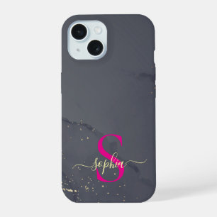 zwart & wit marmer goud glitters monogram iPhone 15 hoesje