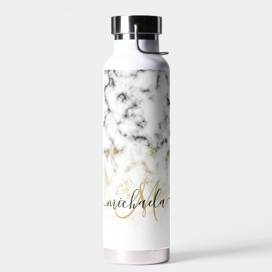 Zwart wit marmer goud sparkle Custom Monogram Waterfles (Links)