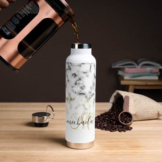 Zwart wit marmer goud sparkle Custom Monogram Waterfles (Koffie)