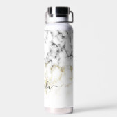 Zwart wit marmer goud sparkle Custom Monogram Waterfles (Achterkant)