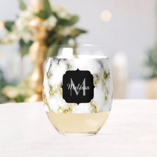 Zwart wit marmer goud sparkle Custom Monogram Wijnglas Zonder Voet