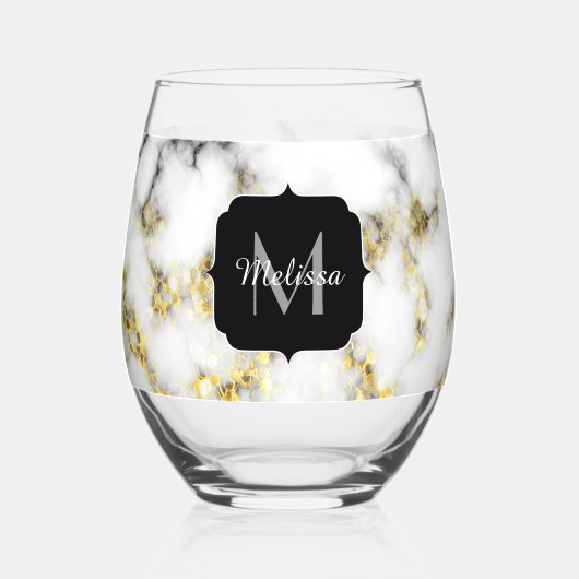 Zwart wit marmer goud sparkle Custom Monogram Wijnglas Zonder Voet (Voorkant)