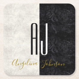 Zwart-wit marmer monogram vierkante kartonnen onderzetter