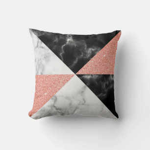 Zwart Wit Marmer & Roos Gouden Glitter Geometrisch Kussen