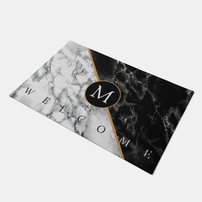 Zwart Wit Marmeren Deurmat met Custom Letter (Schuin)