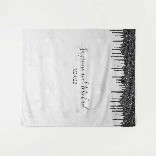 Zwart-wit marmeren glitter druppels bruiloft wandkleed (Voorkant (horizontaal))