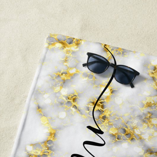 Zwart-wit marmeren gouden sprankeling Aangepaste n Strandlaken (In situ)