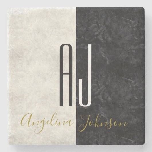 Zwart-wit marmeren Initialen Monogrammed Stenen Onderzetter (Voorkant)
