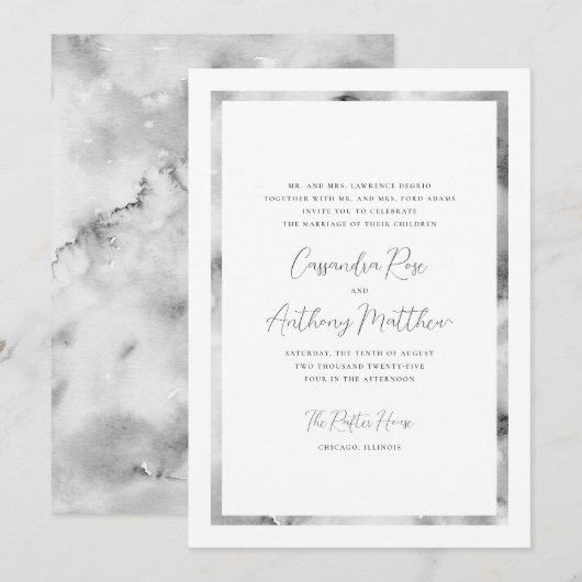 Zwart-wit Marmeren Lijst Formeel Script Bruiloft Kaart (Voorkant / Achterkant)