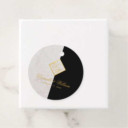 Zwart Wit Marmeren Monogram Goud Elegant Bruiloft Bedankjes Labels (In situ)