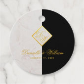 Zwart Wit Marmeren Monogram Goud Elegant Bruiloft Bedankjes Labels (Voorkant)
