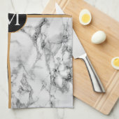 Zwart-wit marmeren monogram keukenhanddoek (Quarter Fold)