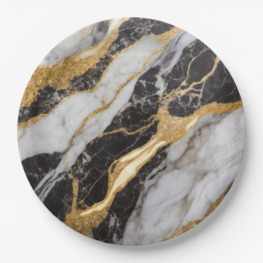 Zwart-wit marmeren patroon met goud papieren bordje (Voorkant)