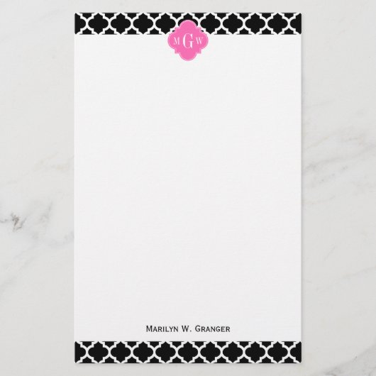 Zwart wit Marokkaans #5 Hot Pink #2 Naam Monogram Briefpapier (Voorkant)