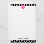 Zwart wit Marokkaans #5 Hot Pink #2 Naam Monogram Briefpapier (Voorkant / Achterkant)