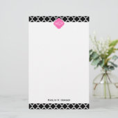 Zwart wit Marokkaans #5 Hot Pink #2 Naam Monogram Briefpapier (Staand voorkant)