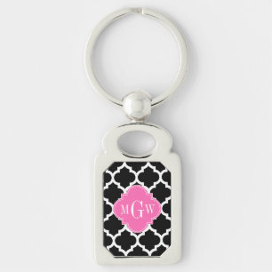 Zwart wit Marokkaans #5 Hot Pink #2 Naam Monogram Sleutelhanger