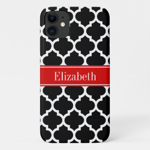 Zwart-wit Marokkaans #5 Monogram met rode naam iPhone 11 Hoesje