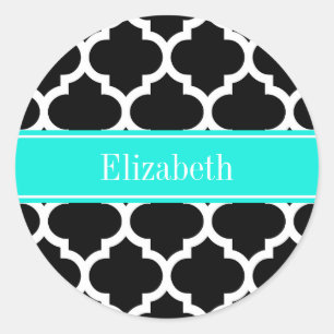 Zwart wit Marokkaans monogram #5 Brt Aqua Name Ronde Sticker