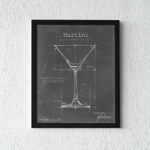 Zwart-wit Martini Glass Blueprint Poster