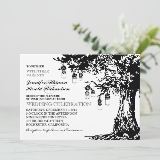 Zwart-wit Mason Jars Tree Uitnodiging voor de brui (Staand voorkant)