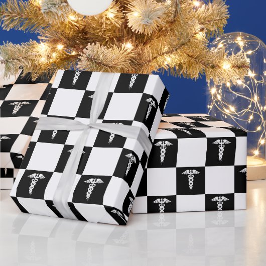 Zwart-wit medisch symbool Caduceus Cadeaupapier (Feestdagen)