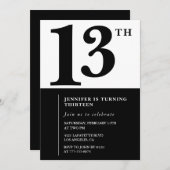 Zwart Wit Meisje 13e verjaardag uitnodiging Eenvou (Voorkant / Achterkant)