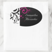 Zwart-wit met magenta Swirl-accessoire Ovale Sticker (Tas)