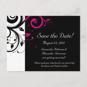 Zwart-wit met Magenta Swirl Save the Date Aankondigingskaart