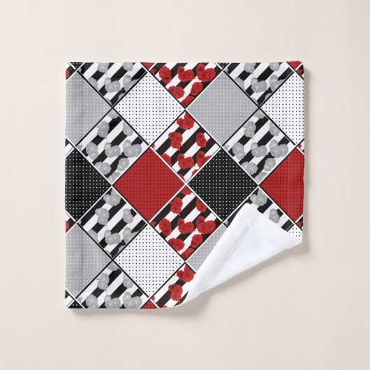 Zwart wit met rode retro patchwork bad handdoek (Wasdoekje)