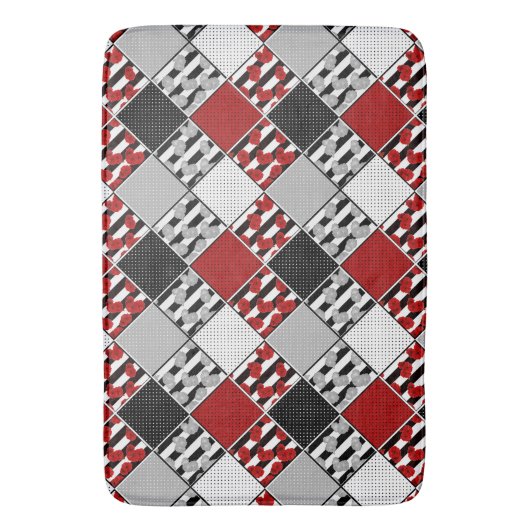 Zwart wit met rode retro patchwork badmat (Voorkant Verticaal)