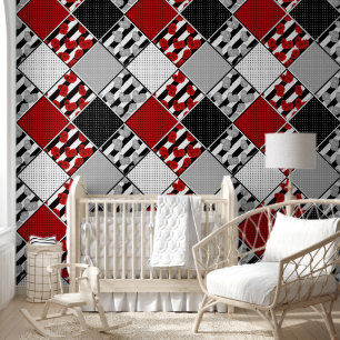 Zwart wit met rode retro patchwork behang