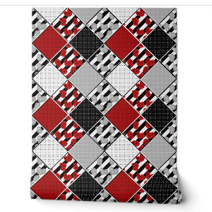 Zwart wit met rode retro patchwork behang
