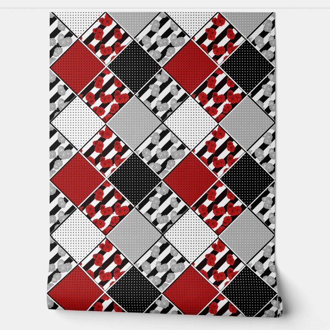 Zwart wit met rode retro patchwork behang (Afrollen)