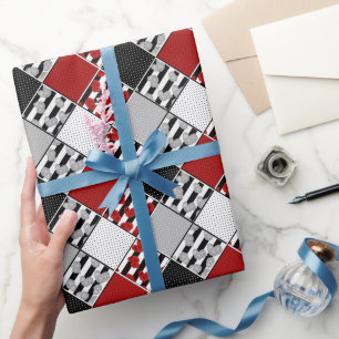 Zwart wit met rode retro patchwork cadeaupapier