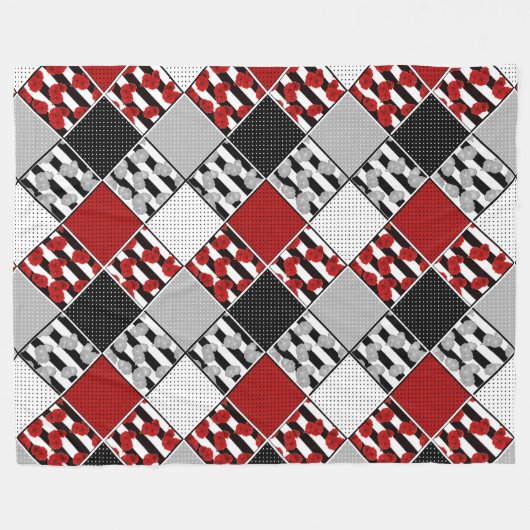 Zwart wit met rode retro patchwork fleece deken (Voorkant (Horizontaal))