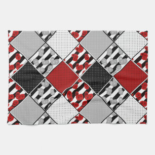 Zwart wit met rode retro patchwork theedoek