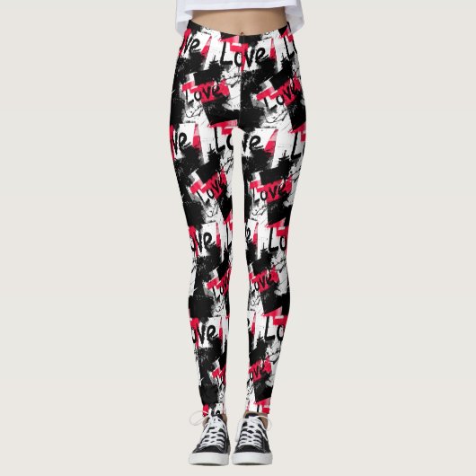 Zwart-wit met rode vlekken liefdespatroon leggings (Voorkant)
