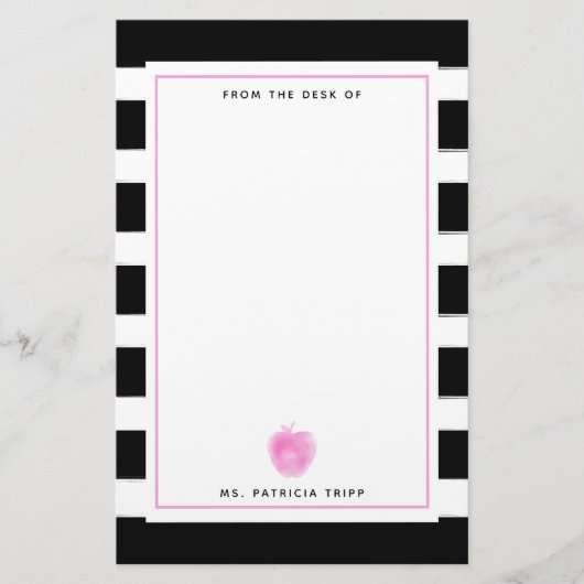Zwart + wit met roze appel leraar briefpapier (Voorkant)