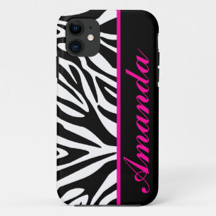 Zwart-wit met Roze Zebra Aangepaste naam iPhone 11 Hoesje