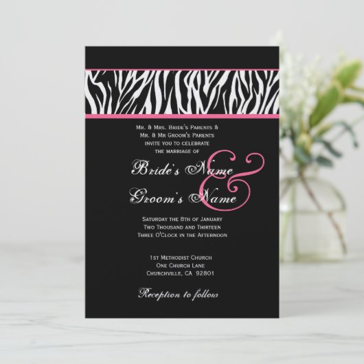 Zwart wit met roze Zebra-witpapier Kaart (Staand voorkant)