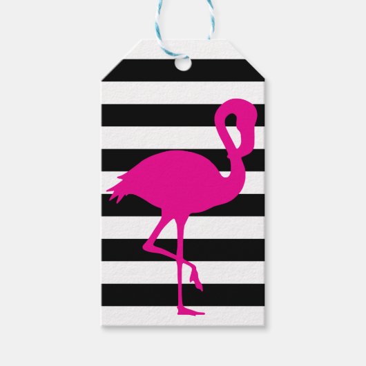 Zwart-wit met streping roze flamingo cadeaulabel (Voorkant)