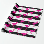 Zwart-wit met streping roze flamingo cadeaupapier (Uitgerold)