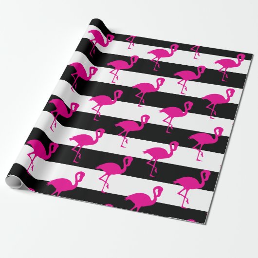 Zwart-wit met streping roze flamingo cadeaupapier (Uitgerold)