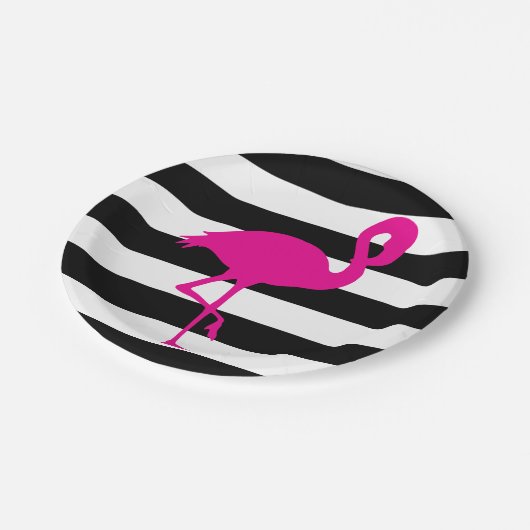 Zwart-wit met streping roze flamingo papieren bordje (Gekanteld)