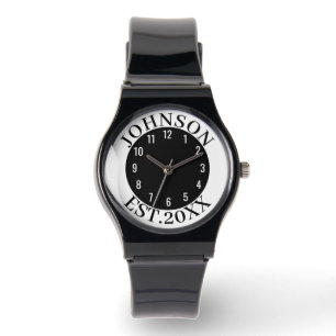 Zwart & Wit Minimaal Gepersonaliseerde Familienaam Horloge