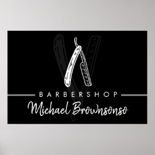 Zwart Wit Minimaal Logo Merken Scheermes Kapsalon Poster