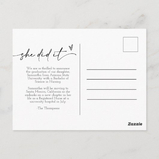 Zwart wit, minimaal script dat ze heeft gemaakt Fo Briefkaart (Achterkant)