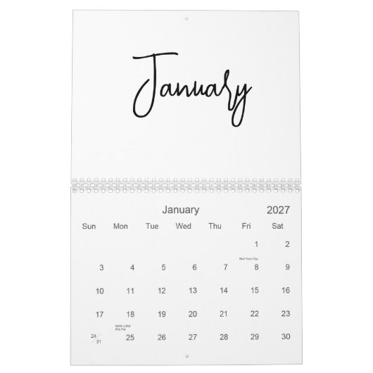Zwart-wit minimalistisch eenvoudig script elk jaar kalender (Jan 2027)