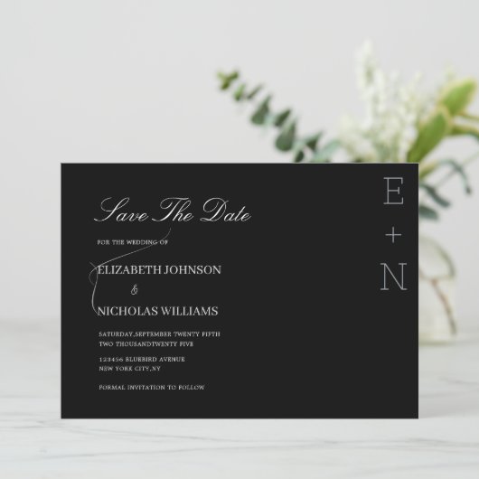 zwart-wit minimalistisch elegante bruiloft  save the date (Staand voorkant)